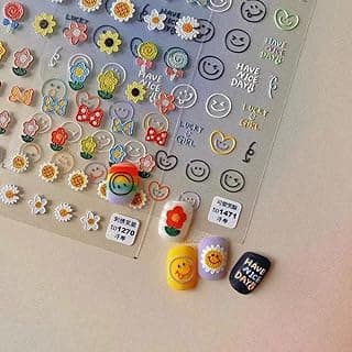 Dedyel 5D Embossed Happy Face Nail Stickers Colorful Sunflowers Nail Stickers Cartoon Happy Face Self-Adhesive Nail Stickers for Women Girls Kids Nail Art Decoration image