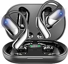 Open Ear Clip Wireless Earbuds Bone Conduction Headphones, Bluetooth 5.4, Open Ear Design, Built-in Mic, IPX7 Waterproof, LED Display Charging Case,Ear Hooks Ear Buds,Design for Running Fitness