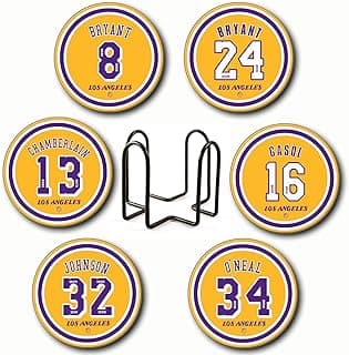 Al Laker Coasters for Drinks, 6 Pack Los Angeles Basketball Ceramic Coasters Set, for Laker Gifts, Laker Mug Cup, Laker Man Cave Home Decor, Laker Decorations image