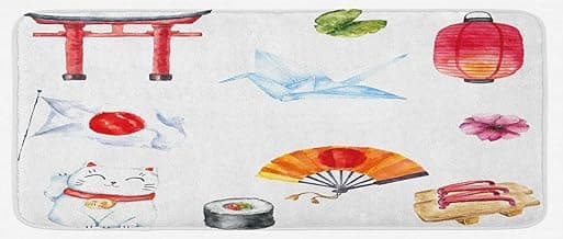 Ambesonne Japanese Kitchen Mat, Hand Drawn Traditional Elements Watercolors Origami Bird Flag Lucky Cat Theme, Plush Decorative Kitchen Mat with Non Slip Backing, 47" X 19", Multicolor image