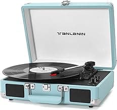 Vinyl Record Player with Treble & Bass Gain Vintage 3-Speed Bluetooth Suitcase Portable LP Turntable Player with Built-in Speaker, 33 45 78RPM, Belt Drive, Auto Stop, RCA/AUX/Headphone Jack, Turquoise