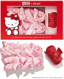 Hello Kitty x Kitsch XL Satin Heatless Curling Set- Hair Curler To Sleep In for Frizz-Free, Soft Curls | Comes with Bow Shape Design Hair Claw and Silk Scrunchies, Valentines Day Gift For Her, 4Pc Set