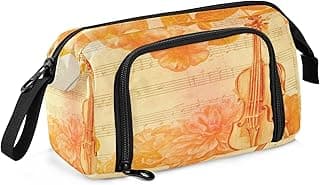 Music Violin Flowers Pencil Case, Large Capacity Pencil Pouch Bag Zipper Storage Stationery Bag for Office College School image