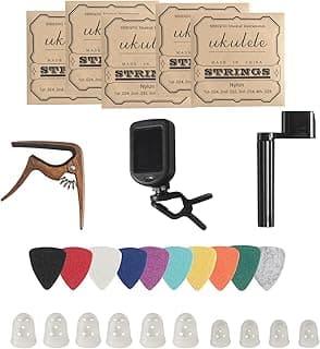 Ukulele Strings Accessories Kit, Nylon Ukulele Strings Set, Tuner, Felt Picks, Capo, Finger Protectors,String Winder for Soprano Concert Tenor Ukulele (28PCS, Walnut color) image