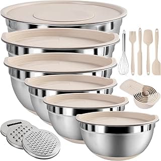 Mixing Bowls with Airtight Lids Set, 20 PCS Kitchen Gadgets Set, 6 Stainless Steel Bowls, 3 Grater Attachments, Non-Slip Silicone Bottoms, Great for Serving&Baking, Size 5, 4, 3.5, 2.1, 1.5, 1.1QT image