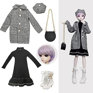Proudoll 1/3 BJD Doll Outfit Set - Handcrafted Stylish Black & White Plaid Coat, Beret, Dress, Purple Wig, Leather Bag & Boots, Compatible with 1/3 60cm 24in SD Dolls