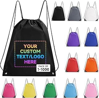Custom Drawstring Bags With Logo, 100 Pack Personalized Text Drawstring Backpack Bulk Great for Travelling, Gym and for Everyday Use (Black)
