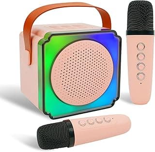 Mini Karaoke Machine, Portable Karaoke Machine with 2 Variable Sound Wireless Microphones, Bluetooth Speaker with Lights for Party, Home, Birthday Gift for Adults or Kids (Pink) image