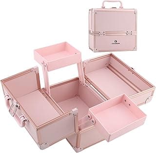 Makeup Train Case 2 Trays Makeup Box Organizer Portable Travel Makeup Case Lockable Makeup Storage Organizer Cosmetic Box for Jewelry Nail Tech Brushes Accessories Tool, Pink image