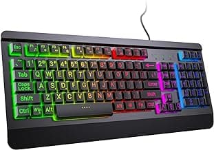 Gaming Keyboard with Large Print Keys, 7-Color Rainbow LED Backlit, Quiet Light Up Computer Keyboard with All-Metal Panel, Wrist Rest, Anti-Ghosting Multimedia Keys, USB Wired Keyboard for PC Mac Xbox image