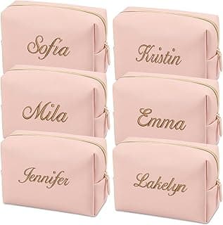 GOPHIE Embroidered Large Make up Bag,Personalized Skincare Bag,Cosmetic Travel Bags for Women Gift For Wedding,Set of 6, Pink image