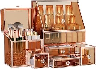Tempered Glass Makeup Organizer Countertop - Multi-Functional 3-in-1 Cosmetic Organizer for Skincare, Lipstick, Brushes - Vanity Organizer & Bathroom Organizer and Skincare Organizer. image