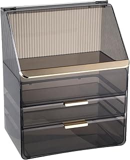 Makeup Organizer with Lid Cosmetic Storage Box for Bathroom Counter Cosmetic Display Case with Drawers for Vanity Countertop Makeup Storage with Lipstick Holder(Clear Black, Flat Lid) image