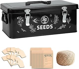 Seed Storage Box, Seed Storage Organizer with Garden String, 30 Seed Envelopes and Bamboo Plant Labels, 4 Compartments Garden Seed Organizer Box with Safety Locks, Black