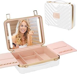 Kalolary Travel Makeup Train Cases with Lighted Mirror 3 Color Setting, Makeup Bag Cosmetic Case Organizer Adjustable Brightness Portable Makeup Storage Box For Makeup Brushes Accessories Tools,White