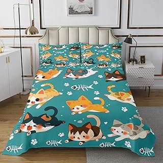 Erosebridal Kawaii Cat Bedspread Set Queen Size,Cartoon Cats Bedding Set for Kids Child Boys Girls Bedroom Decor,Pet Animals Paws Fish Bones Coverlet Set,Green Yellow Room Decor Bed Set image