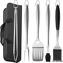 BBQ Tool Set of 6, Stainless Steel Grill Accessories Tools for Outdoor Grilling Cooking Camping, Heavy Duty Grill Spatula, Tong, Fork, Basting Brush & Cleaning Brush, Travel Bag (Black)