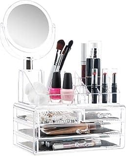 Masirs Clear Makeup Organizer with Mirror – 16-Compartment Cosmetic and Jewelry Holder, 4-Drawer Vanity Storage, Elegant Clear Design for Makeup and Accessories image
