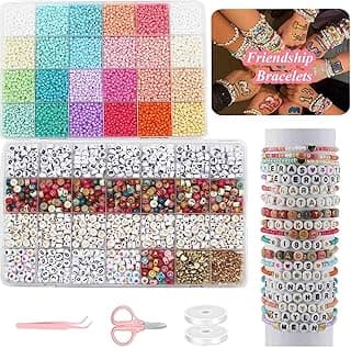 Jewelry Making Kit: 3mm Seed Beads and 6mm Letter Beads - 7200pcs Seed Beads in 24 Colors, 800pcs Letter Beads in 3 Styles, Includes Number Beads Spacer Beads Cute Charms and Elastic Strings image