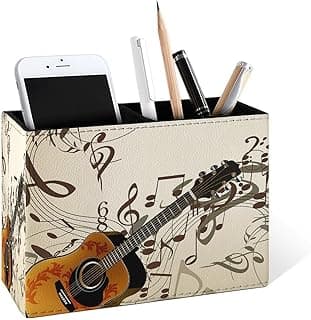 Famame Vintage Music Notes Guitar Pencil Holder for Desk, Leather Desktop Container Pen Cup Storage Study Table Pen Organizer Makeup Brushes Holder for Office Home image