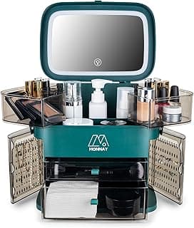 Luxury Cosmetic Beauty and Makeup Organizer and Storage with LED Light Cosmetics Organizer Box for Countertop with Lid, Drawers & handle, Portable Cosmetics Skincare Organizers Box (Green)