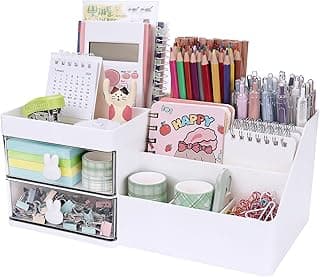 Desk Organizer, Makeup Organizer with 2 Drawer, 7 Compartment & a Top Tray, Desktop Organizers and Storage for Women, Cute Home organization Bathroom, 11" x 5.7" x 4.7" (White) image