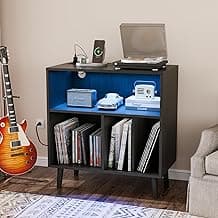 VINGLI Record Player Stand with Open Vinyl Storage, Mid-Century Album Storage Table with LED Light up to 300 Albums, Vinyl Record Player Shelf with Power Outlet for Living Room, Black