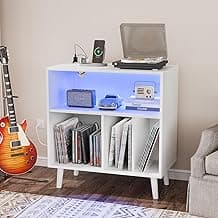 VINGLI Record Player Stand with Open Vinyl Storage, Mid-Century Album Storage Table with LED Light up to 300 Albums, Vinyl Record Player Shelf with Power Outlet for Living Room, White