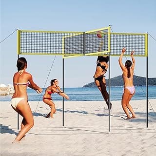 4 Square Volleyball Game Set, 4-Way Volleyball Net Set, 4 Person Height Adjustable Square Volleyball Game with Carry Bag, Soft Volleyball, Pump for Backyard, Beach, Lawn Play Yellow image