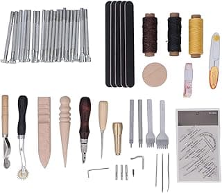 Leather Working Kit, 59pcs DIY Making Clear Texture Stainless Steel Beech Wood Leathercraft Tools, DIY Hand Sewn Set Repair Kit for Shoes Bag Stitching Beginners Professionals image