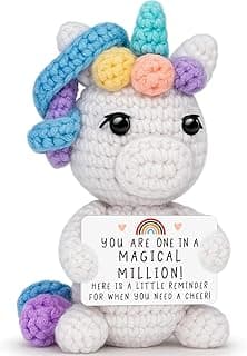 Small Handmade Knitted Unicorn Birthday Gifts for Her Women Boss Teacher Coworker,Creative Crochet Unicorn Doll Gifts for Thanksgiving Day Christmas with Cheer Card,Cute Home Room Office Desk Decor