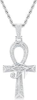 Eye of Horus Ankh Cross Pendant Necklace 18K White Gold Plated Iced Out CZ Ancient Egyptian Religious Symbol Protection Chain Jewelry for Men Women Christmas Birthday Gift