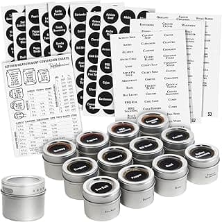 Talented Kitchen Magnetic Spice Jars for Refrigerator - 3oz Metal Spice Containers with Sift-and-Pour Lids (12 Magnet Spice Jars, 269 Preprinted Labels, 2 Label Styles) image