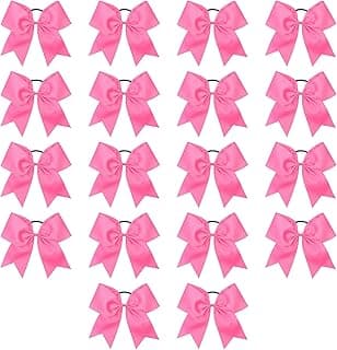 Cheer Bows, Caenagrion 18 PCS 8" Large Pink Cheer Hair Bows Ponytail Holder Elastic Band Handmade for Cheerleaders Teen Girls College Sports (Hot Pink) image