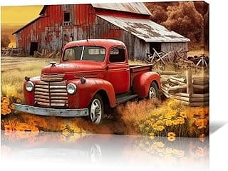 Canvas Wall Art Rustic Farmhouse Old Truck Vintage Red Car and Barn Picture Print Country Landscape Painting Modern Artwork for Dining Room Office Home Decor Framed(Art-5,24.00"x36.00") image