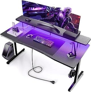 GTRACING 55 Inch Gaming Desk with LED Lights, Computer Gamer Desk with Monitor Stand, Ergonomic Carbon Fiber Surface Gaming Table with Mouse Pad for Home Office, RGB image