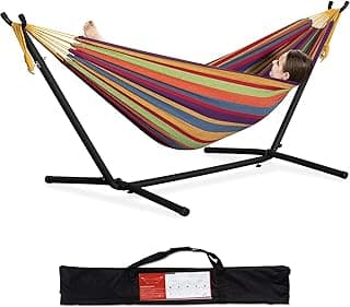 PNAEUT Double Hammock with Space Saving Steel Stand 2 Person Heavy Duty Garden Yard Outdoor 450lb Capacity Hammocks and Portable Carrying Bag (Tropical)