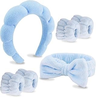 VELSCRUN 6 Pack Spa Headbands - Makeup, Face Wash, Skincare Hair Accessories With Blue Sponge Bow Tie Wristbands, Women's Gift Set image