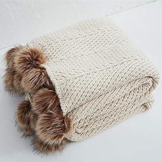 vctops Fur Pom Pom Knit Throw Blanket Super Soft Warm Cozy Cable Knitted Blanket for Sofa and Couch 51 x 63 Inch Beige Apricot image