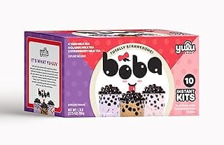Boba Bundle Kit 10 Serv. Instant Bubble Pearl Variety Milk Tea Kit with Authentic Brown Sugar Tapioca Pearls by Yulu Foods - Ready in Under 1 Minute, Includes Paper Straws - Gift Box, Holiday (Classic, Taro and Strawberry) image