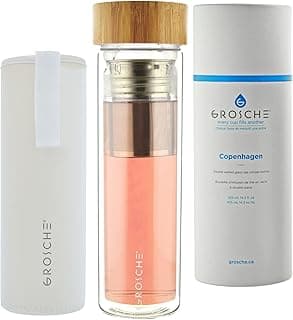 GROSCHE Copenhagen Tea and Fruit Infuser Water Bottle - Double Walled Glass | Hot & Cold Tea Infuser Bottle with Bamboo Lid and Neoprene Sleeve (425ml) image