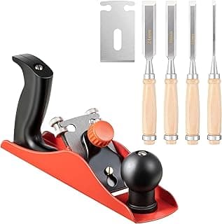 Dreyoo Woodworking Tools Include 4PCs 9.5in Wood Chisel Set with Cap & 1PC No. 4 Adjustable Hand Planer with 2 Inch Replacement Blade, CRV Steel Beveled Edge Blade Chisel, Wood Planer for Woodworking image