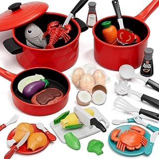Lehoo Castle Play Kitchen Accessories, Play Pots and Pans Sets for Kids Kitchen, Play Food Sets for Kids, Toddler Cooking Set with Utensils, Toy Foods for Toddlers 3-5, Toys for 3+ Years Old Girls image