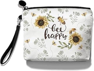 Hglian Bee Makeup Bag Inspirational Cosmetic Toiletry Organizer Bags Cute Sunflower Zipper Pouch for Purse Birthday Gifts for Women Girls-Bee Happy image