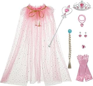 Princess Cape Set Dress Up Accessories Party Cosplay Cloak Costumes with Tiara Crown Wand Wig Golves for Little Girls image