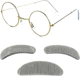 4E's Novelty Old Man Costume For Kids Boys - Glasses With Gray Stick On Fake Mustache & Eyebrows - Halloween Costume for Boys, Old Man Costume for Kids, Grandpa Dress Up Accessories Kit image