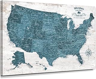 IPIC - Large Vintage Teal USA Map Wall Art, Push Pin USA Map to Track Your Travels, Farmhouse Style Canvas Wall Decor for Home, Office, Living Room or RV, Ready to Hang, Made in USA