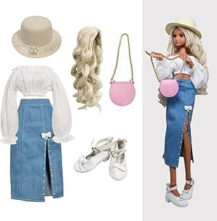 Proudoll 1/3 BJD Doll Clothes Outfit Set - Handcrafted Stylish Denim Skirt, Hat, Blouse, Wig, Leather Bag & Shoes, Compatible with 1/3 60cm 24in SD Dolls image