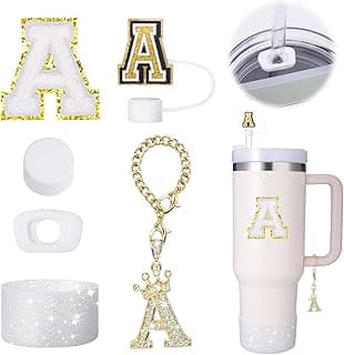 Mity rain 6pcs Cup Accessories Set for Stanley Cup 30 oz 40 oz Tumbler with Handle, Including Straw Cover Cap, Cup Initials Charm, Sticker, Silicone Boot, Round and Square Spill Proof Stopper,Letter A image