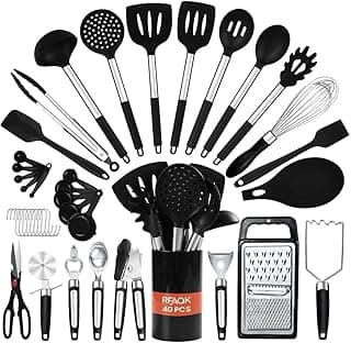 40PCs Silicone Cooking Utensils Set 446℉ Heat Resistance, RFAQK BPA Free Kitchen Utensils Set for Nonstick Cookware, Gadgets includes Can Opener, Potato Smasher,Peeler,Tongs,Spatula Set,Pizza Cutter